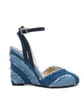Jimmy Choo DAMON Two Tone Blue Denim Frayed Wedge Sandal with Ankle Strap 37.5